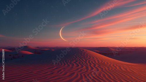 Desert landscape at sunset with moon and stars