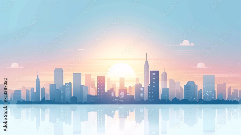 Tranquil Cityscape with Sunrise and Water Reflection