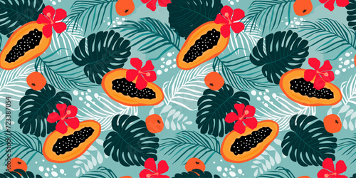 Seamless pattern with tropical fruits, papaya, flowers, palm leaves, monstera. Summer exotic jungle print. Vector graphics.