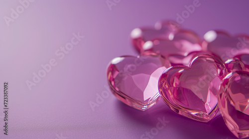 Pink glass hearts on a purple background, space for copy