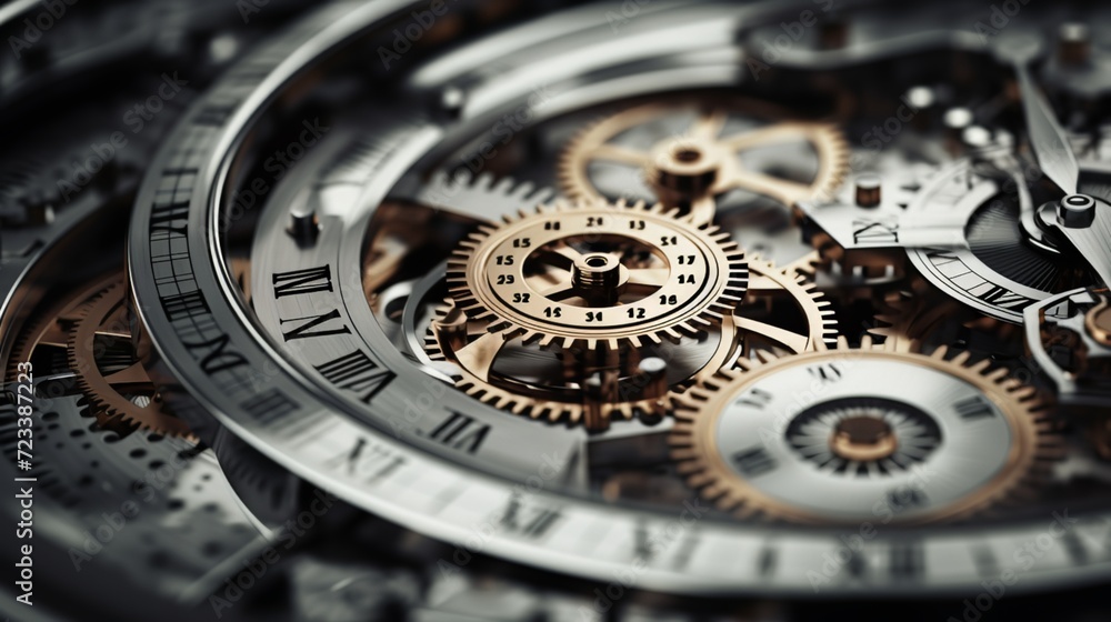 Gears and cogs in a clock mechanism. Craftsmanship and Precision - Elegantly detailed stainless steel and metal.