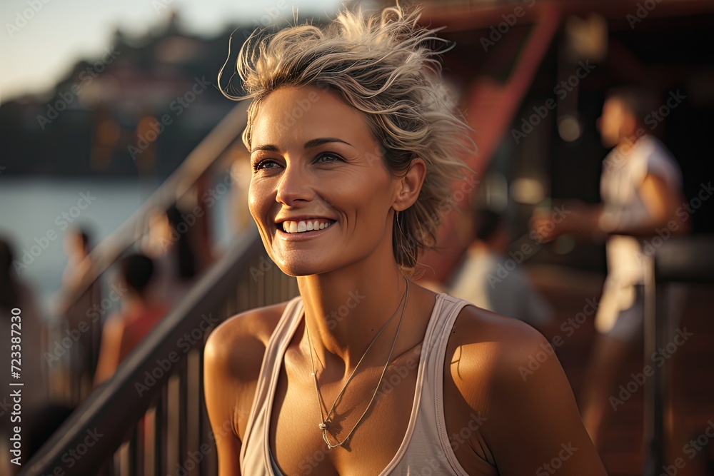 Fototapeta premium Woman dressed in gym clothes, 45 years old. Focusing on her face, the close-up photo reveals her radiant smile and bright eyes, exuding joy and contentment.