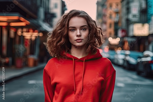 Young man walking through the streets of New York City in a red hoodie. Blurred background with the city.