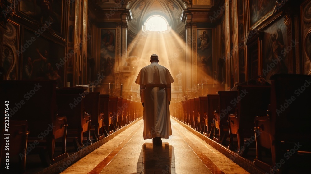 pope or high priest entering a church - obrazy, fototapety, plakaty 