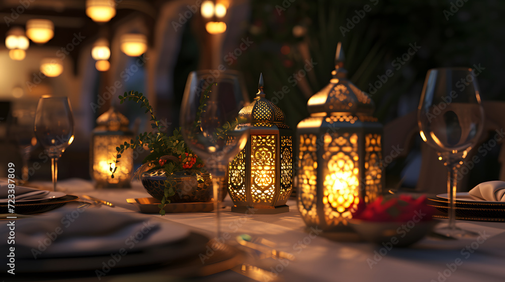 Elegant dining table set with golden lanterns and romantic ambiance
