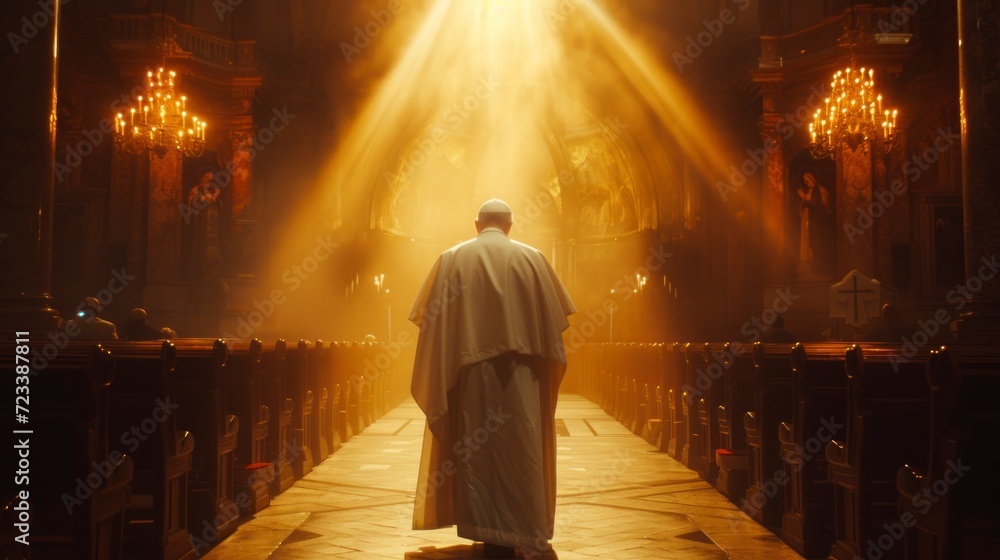 pope or high priest entering a church through a hallway with a ray of light - obrazy, fototapety, plakaty 