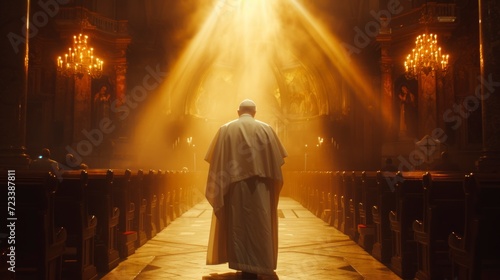 pope or high priest entering a church through a hallway with a ray of light photo