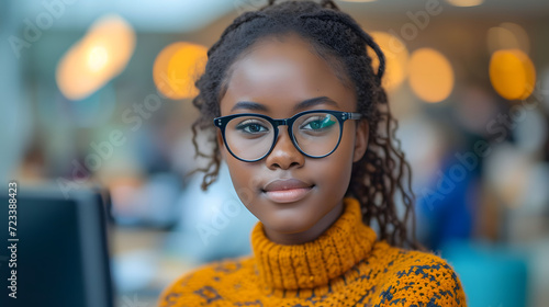 a photo of a young adult black African girl doing marketing digital wearing glasses  © john
