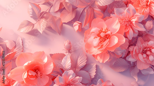 Beautiful pink flowers and leaves isolated on pink floral background