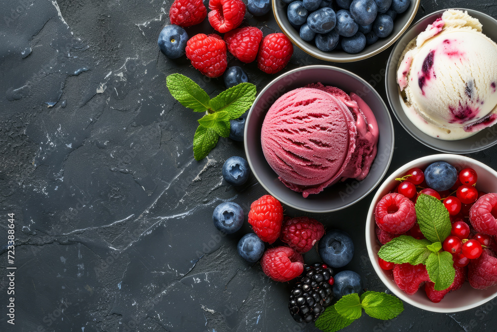 Set of bowls with various colorful Ice Cream scoops with different flavors and fresh ingredients on black background, top view. Large assortment of artisanal Italian ice cream. Set of bowls with various colorful Ice Cream scoops with different flavors and fresh ingredients on black background, top view. Large assortment of artisanal Italian ice cream.