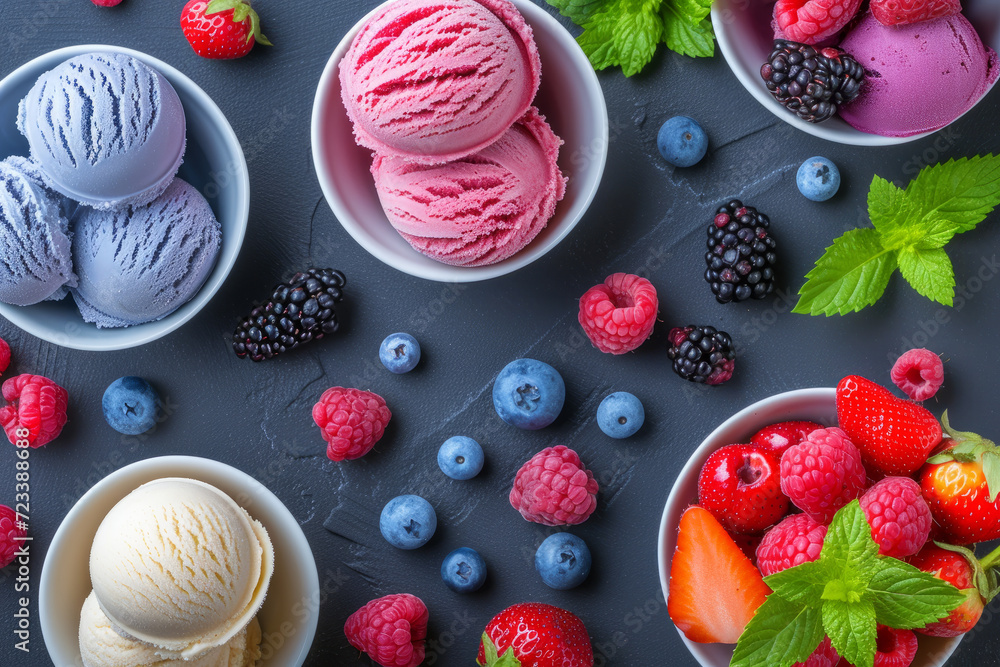 Set of bowls with various colorful Ice Cream scoops with different flavors and fresh ingredients on black background, top view. Large assortment of artisanal Italian ice cream. Set of bowls with various colorful Ice Cream scoops with different flavors and fresh ingredients on black background, top view. Large assortment of artisanal Italian ice cream.