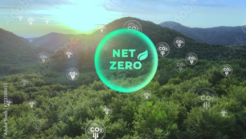 Aerial of Net zero environment sustainable concept with decreasing carbon CO2 icons in green eco-friendly landscape. Graphic animation photo
