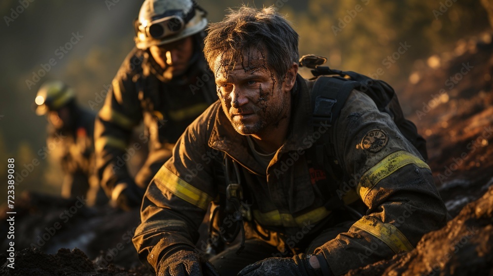 Obraz premium Team of professional firefighters working together in emergency service. International firefighter's day 