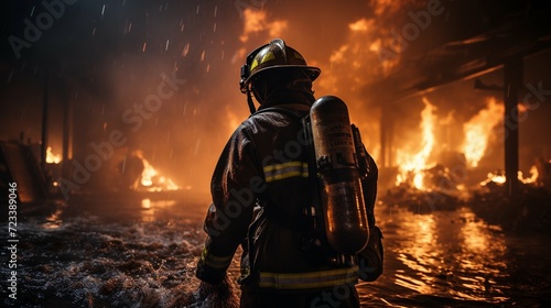 A professional fireman putting out the flames of the fire. May 4, International Firefighter's Day photo