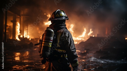 A professional fireman putting out the flames of the fire. May 4, International Firefighter's Day photo