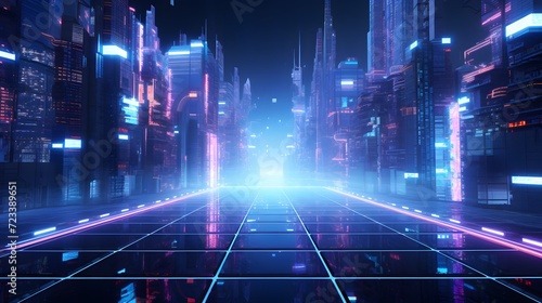 A cyberspace with neon lights and grids, cyberpunk sci-fi background © Ziyan