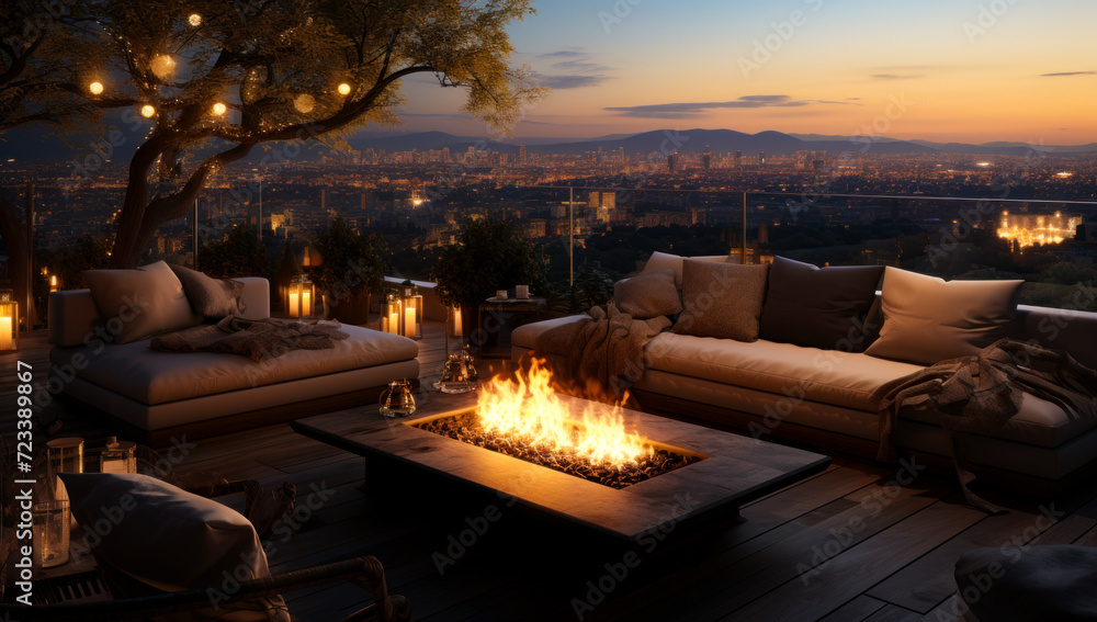 An outdoor area of a small apartment. Foto de modern outdoor living room terrace with fire pit and city lights in the evening. 3d rendering - Imagen libre de derechos An outdoor area of a small apartment. Foto de modern outdoor living room terrace with fire pit and city lights in the evening. 3d rendering - Imagen libre de derechos