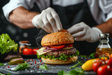 A close-up of a chef's hands skillfully assembling a burger with layers of juicy patties, fresh lettuce, and melted cheese, representing the indulgence of comfort food.