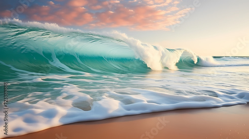 Sandy beach with light blue transparent water waves and sunlight  tranquil aerial beach scene