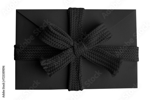 Black envelope with a bow on a blank background.