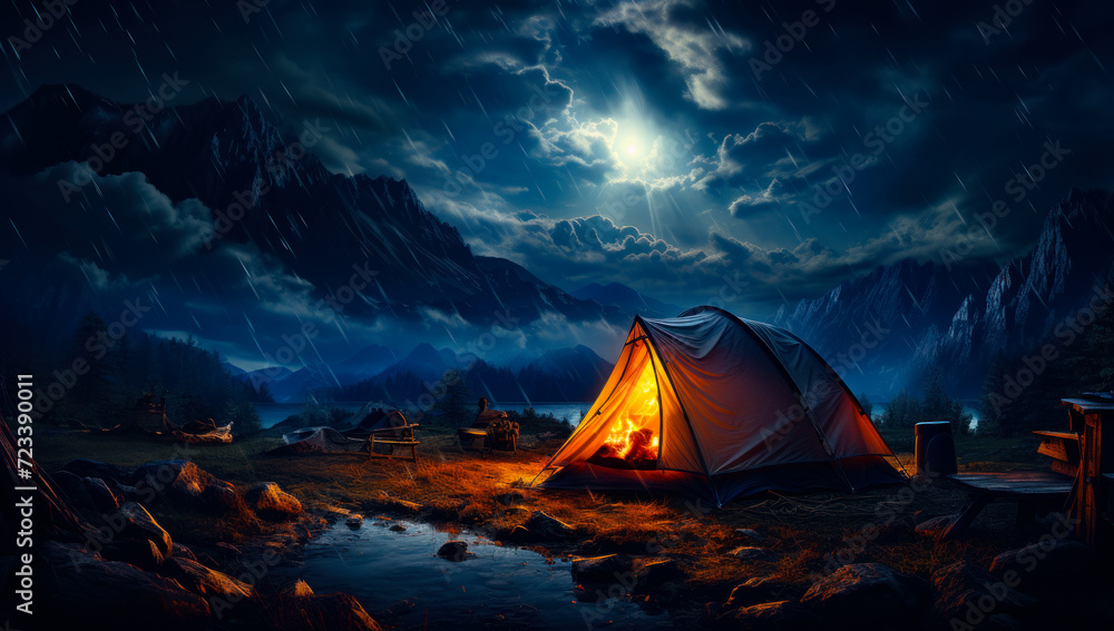 Lightning dark tent at night camping scene. Lightning dark tent at night camping scene.