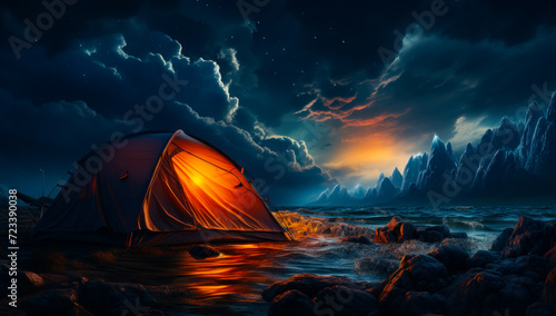 Lightning dark tent at night camping scene. Tent is pitched on rocky beach at night with large storm approaching.