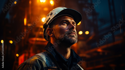 Oil rig operator and engineer. Portrait of worker in overalls and helmet on background of pipes machinery and bright lights. The concept of the oil industry.