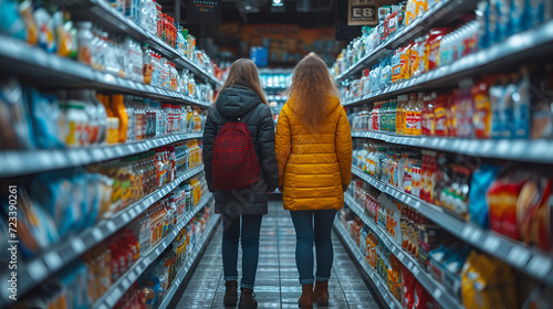 Two Young females in grocery store - supermarket - grocery shopping - low angle shot 