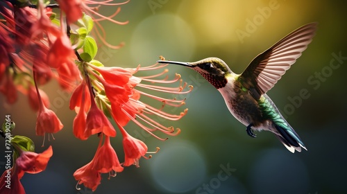 A hummingbird drinking nectar from a flower 