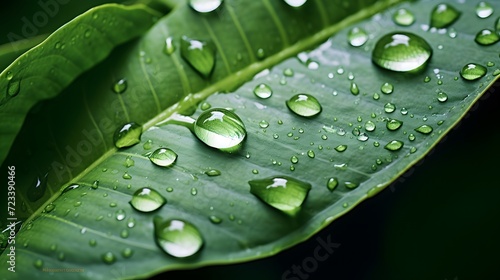 A macro shot of water drops on a tropical leaf
