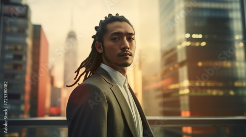 modern asian businessman with dreadlock hairstyle standing in big city on skyscrapers background, japanese or chinese man business and success concept