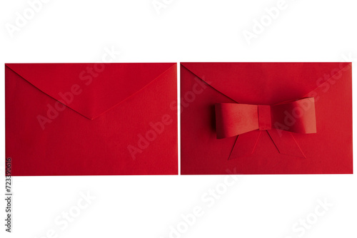 red envelope and envelope with a bow on a blank background. photo