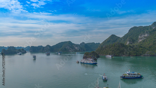 Aerial view of Ha Long bay, Vietnam on a cloudy and dark day. UNESCO World Heritage site, popular landmark, the most famous destination of Vietnam