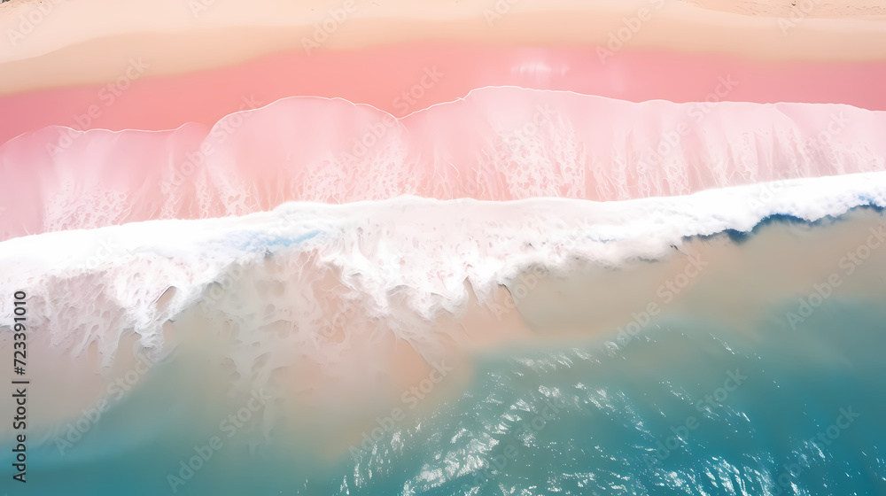 Fototapeta premium Sandy beach with light blue transparent water waves and sunlight, tranquil aerial beach scene