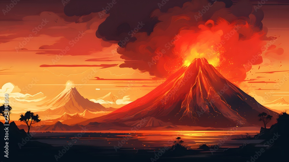 A volcano and a lava. Volcano eruption concept background