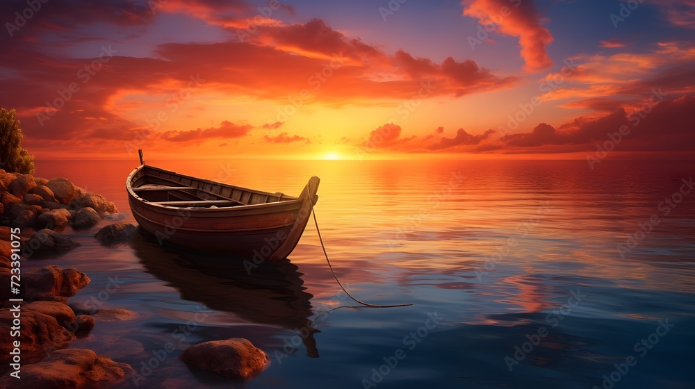 A sunset and a boat after golden hour. Calm and relaxation background
