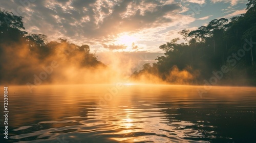 Beautiful Amazon River with fog in a beautiful sunrise with a blue sky with clouds in high resolution and quality. concept of rivers, jungle