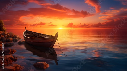 A sunset and a boat after golden hour. Calm and relaxation background 