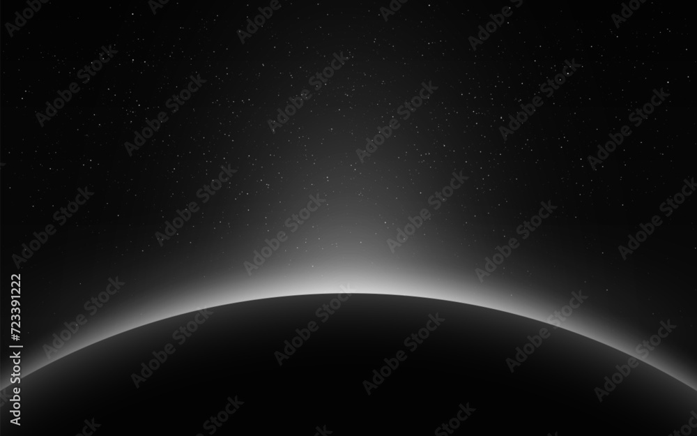 Sunrise earth. Cosmos eclipse. Sun rising over planet. Space sunrise with bright beams. Solar ring with sunlight and stars. Earth horizon. Vector illustration