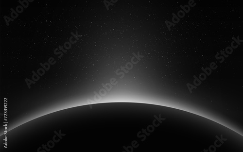 Sunrise earth. Cosmos eclipse. Sun rising over planet. Space sunrise with bright beams. Solar ring with sunlight and stars. Earth horizon. Vector illustration