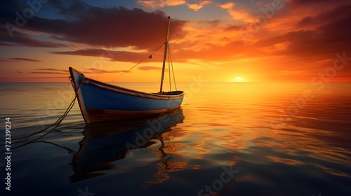 A sunset and a boat after golden hour. Calm and relaxation background 