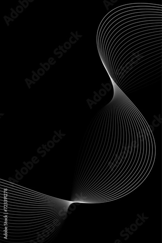 Abstract background with waves for banner. Standart poster size. Vector background with lines. Element for design isolated on black. White and black color. Brochure, booklet