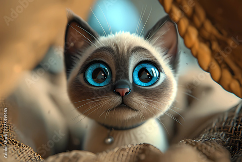 A Siamese cat, skillfully rendered in a captivating 3D cartoon style, enchants with its distinctive features, strikingly large and luminous eyes that exude an irresistibly cute and expressive charm photo