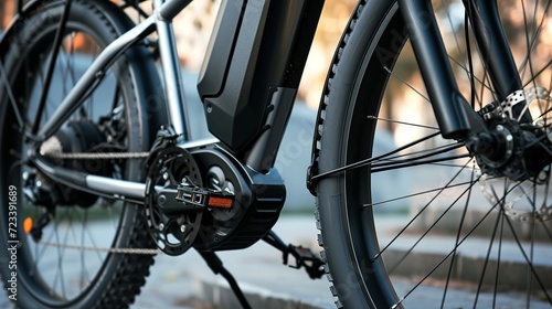 Close up of battery pack of a modern electric bicycle, black bike