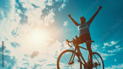 cyclist silhoutte with bicycle raised to sky race and victory concept  photo