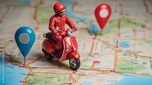 Delivery man with red uniform driving scooter on paper map with red and blue location pin. photo