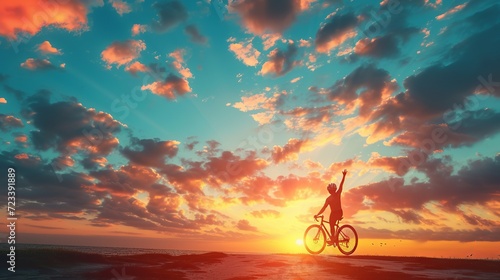 cyclist silhoutte with bicycle raised to sky race and victory concept  photo