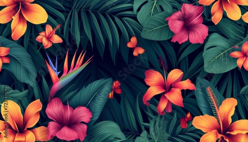 Tropical floral seamless pattern background with exotic flowers, palm leaves, jungle leaf, orchid photo