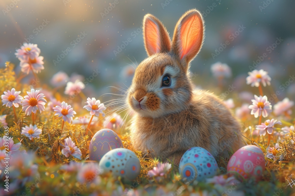 A fluffy bunny frolics in a sea of vibrant flowers, capturing the beauty and innocence of nature's delicate creatures A fluffy bunny frolics in a sea of vibrant flowers, capturing the beauty and innocence of nature's delicate creatures