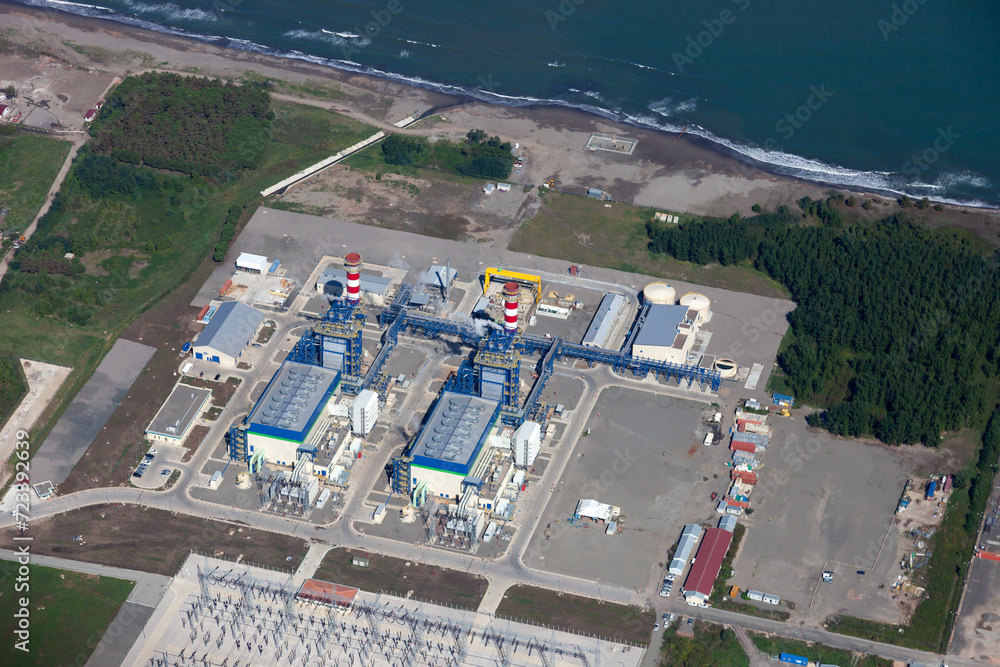 Aerial view of cement factory with high concrete plant structure